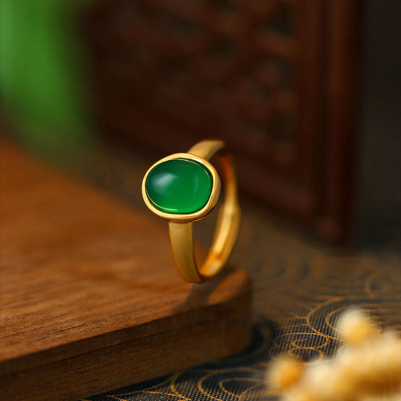 Gold Plated Retro Oval Geometric Emerald Inlay Opening Ring