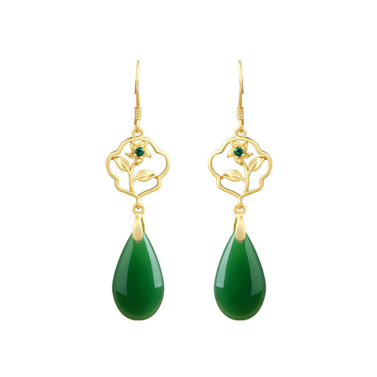Flower Blossom Rich Water Drop Niche Unique Antique Ear Hook Earrings