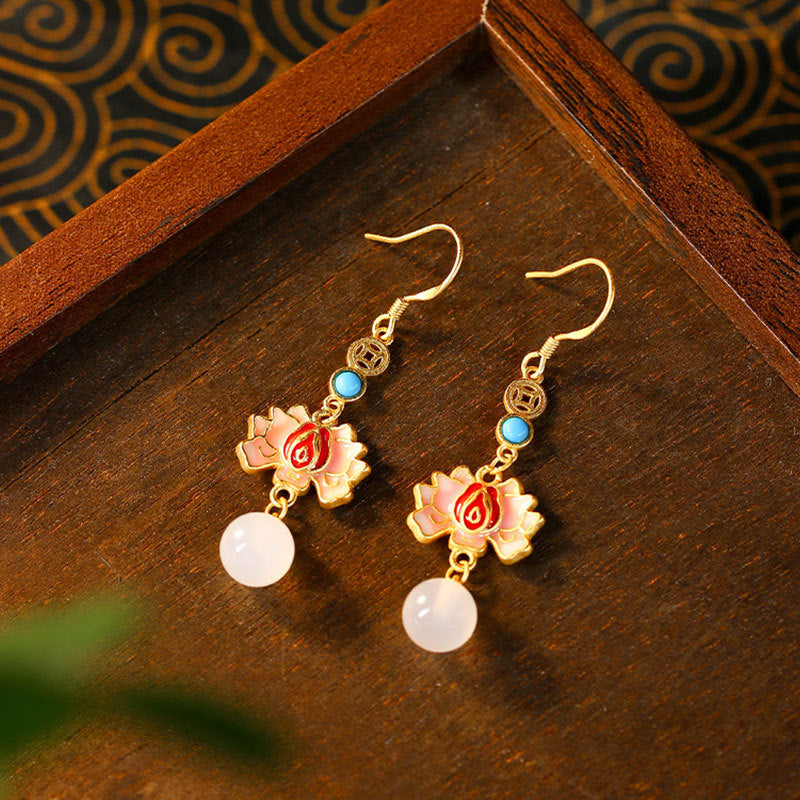 Enamel Painted Lotus Natural White Chalcedony Retro Earrings for Women