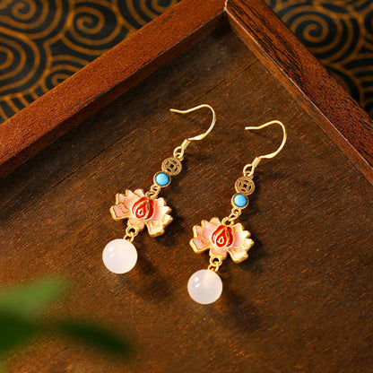 Enamel Painted Lotus Natural White Chalcedony Retro Earrings for Women