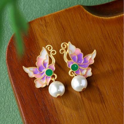 Enamel Butterfly Imitation Pearl Filament Inlaid Earrings for Hanfu & Cheongsam