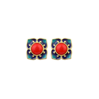 Four Ruyi Imitation South Red S925 Silver Enamel Earrings