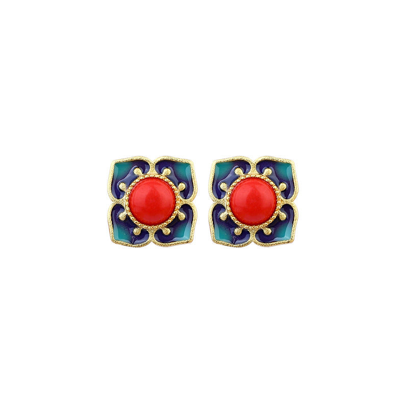 Four Ruyi Imitation South Red S925 Silver Enamel Earrings