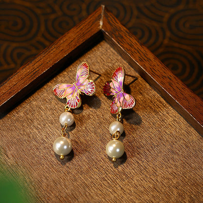 Elliform 925 Silver Needle Pearl Enamel Oil Drops Earrings, Butterfly Design