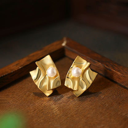 Irregular Exaggerated Shi Jia Pearl Golden Earrings for Women