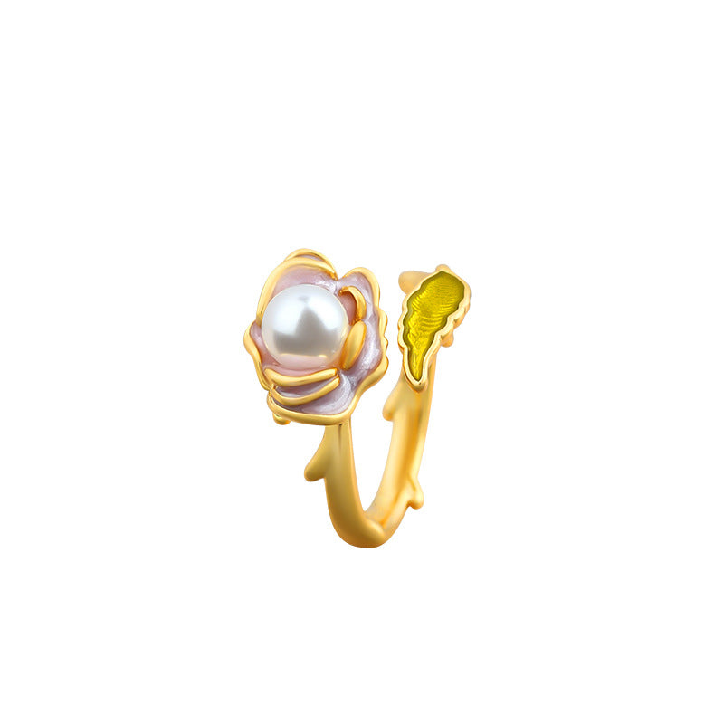 French Vintage Niche Pink Rose Oil Drop Ring with Crystal Pearl for Women