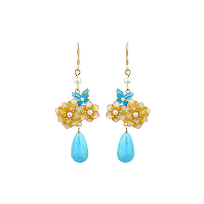 Filigree Burned Blue Butterfly Love Flower Turquoise Earrings, All-match for Hanfu & Cheongsam