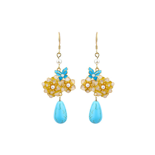 Filigree Burned Blue Butterfly Love Flower Turquoise Earrings, All-match for Hanfu & Cheongsam