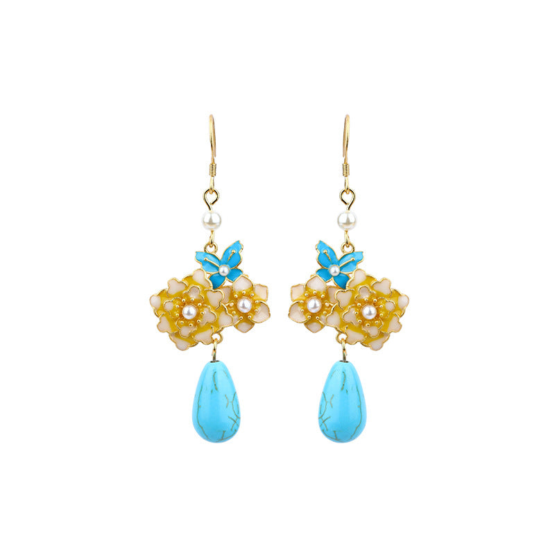 Filigree Burned Blue Butterfly Love Flower Turquoise Earrings, All-match for Hanfu & Cheongsam