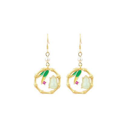 925 Silver Needle Gold Plated Cold Enamel Bamboo & Gourd Ancient Style Earrings