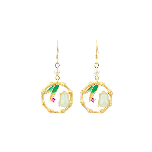 925 Silver Needle Gold Plated Cold Enamel Bamboo & Gourd Ancient Style Earrings