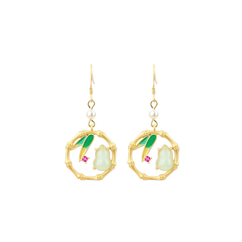 925 Silver Needle Gold Plated Cold Enamel Bamboo & Gourd Ancient Style Earrings