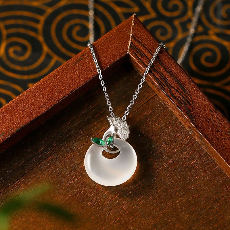 Ice White Chalcedony Sansheng Apricot Ping An Buckle Necklace for Women