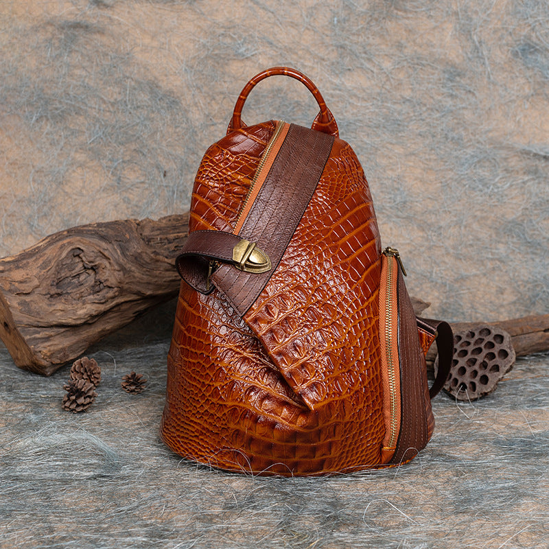 Factory Direct First Layer Cowhide Multi - purpose Crocodile Pattern Handmade Brushed Leather Backpack