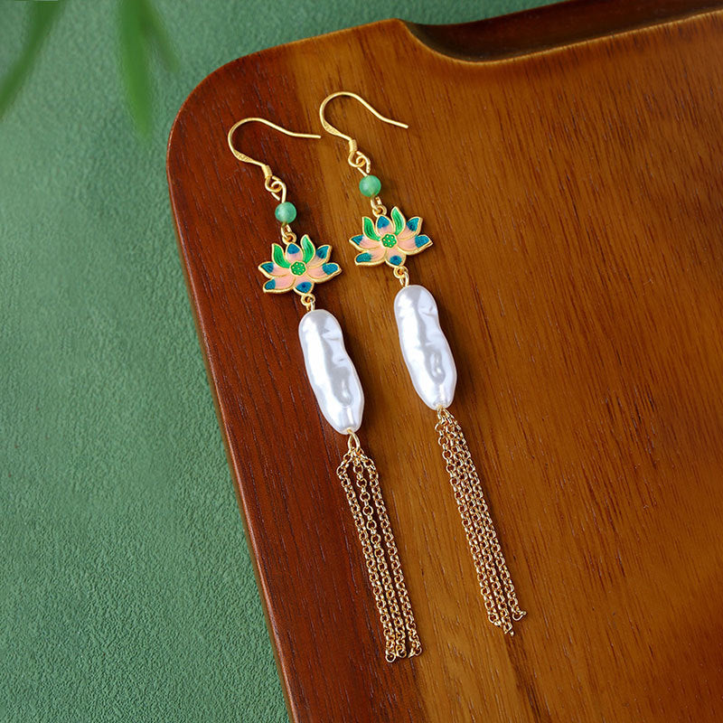 Lucky Lotus Baroque Pearl S925 Silver Needle Tassel Earrings
