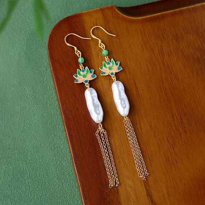 Lucky Lotus Baroque Pearl S925 Silver Needle Tassel Earrings
