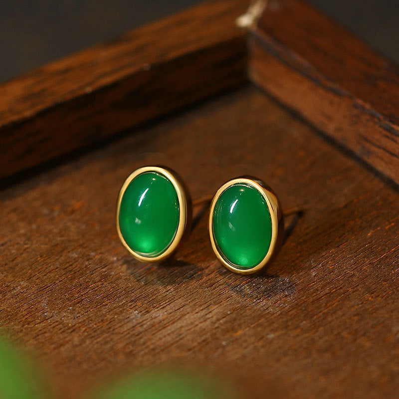 Ayr Rim 925 Silver Imitation Green Agate Needle Earrings, Japanese-Korean Style