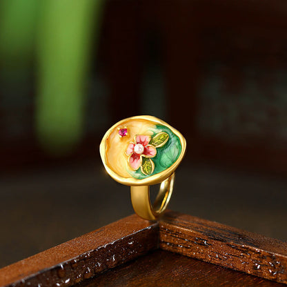 Retro Gold-plated Enamel Flower Ring with Elegant Temperament