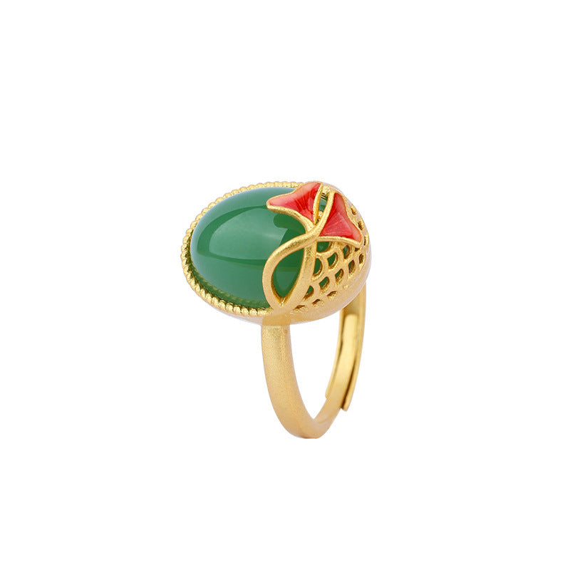 Original Design Gold Plated Enamel Apricot Leaf Imitation Jade Ring