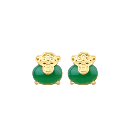 Gold Plated Qian Fu Bag 925 Silver Needle Chalcedony Copper Earrings for Women