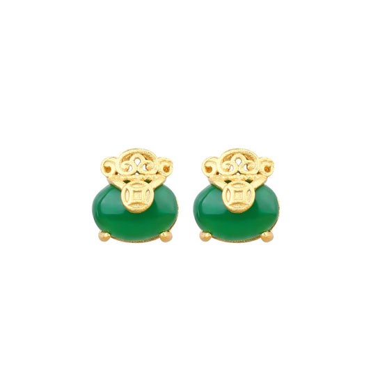 Gold Plated Qian Fu Bag 925 Silver Needle Chalcedony Copper Earrings for Women