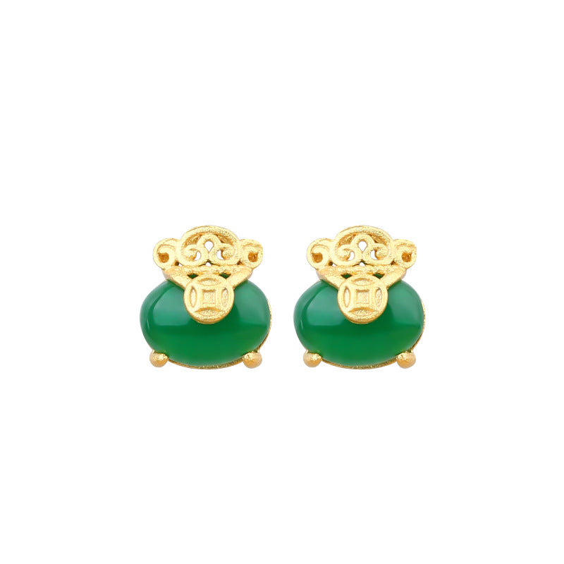 Gold Plated Qian Fu Bag 925 Silver Needle Chalcedony Copper Earrings for Women