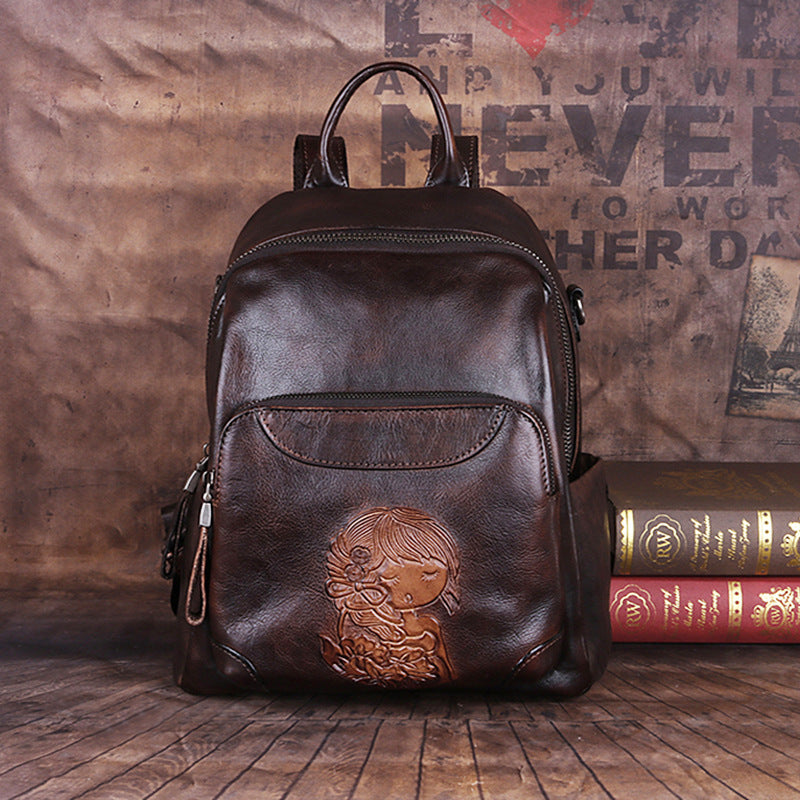 First Layer Cowhide Vegetable Tanned Leather Handmade Large-Capacity Backpack Shoulder Bag