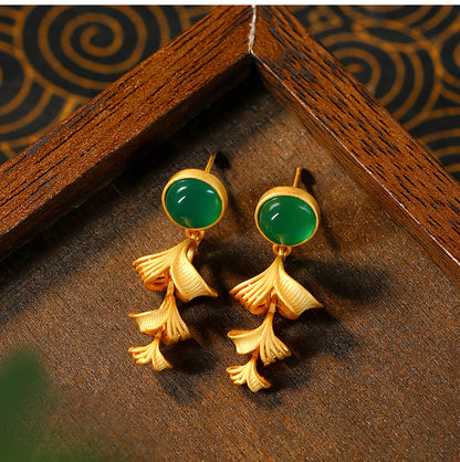 925 Gold Plated Hollow Ginkgo Leaf Round Imitation Jade Earrings