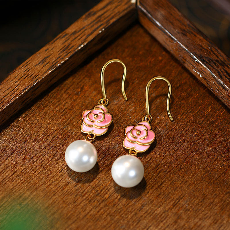 Enamel Glaze Camellia Crystal Pearl Women's Retro Earrings