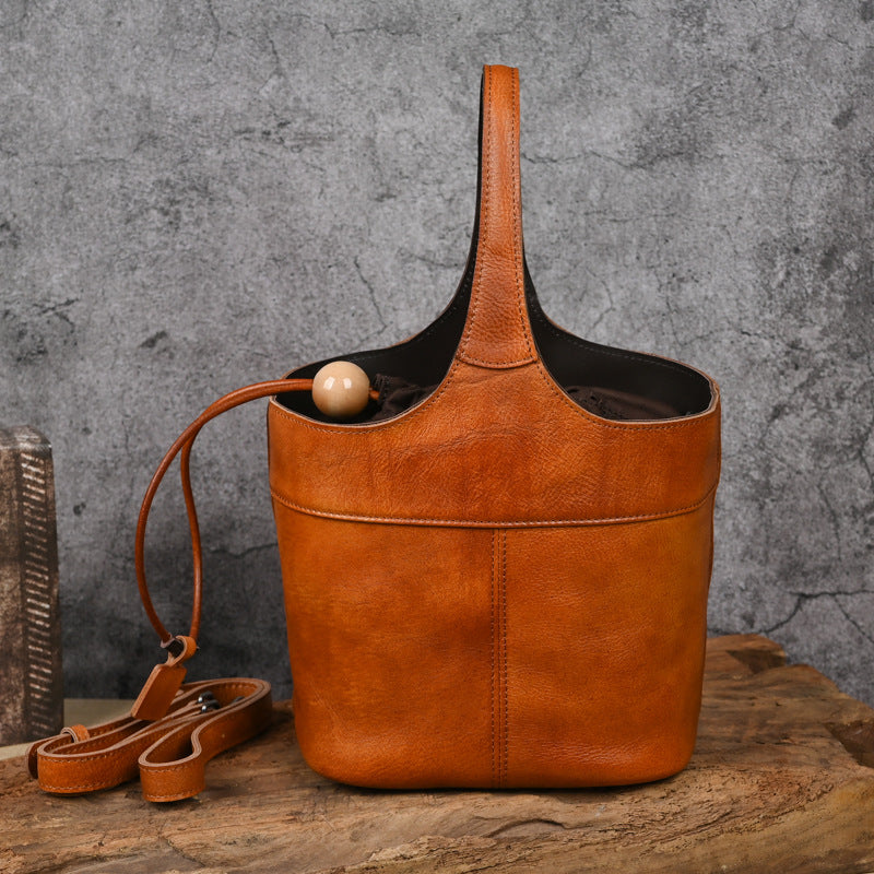 First layer cowhide lazy style printed blue bucket bag