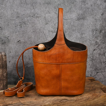 First layer cowhide lazy style printed blue bucket bag