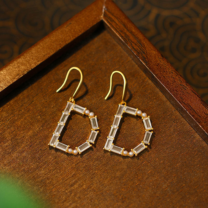 Copper Gold-plated French Diamond Pearl Letter Earrings