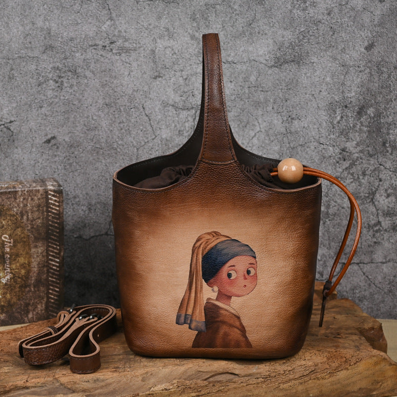 First layer cowhide lazy style printed blue bucket bag