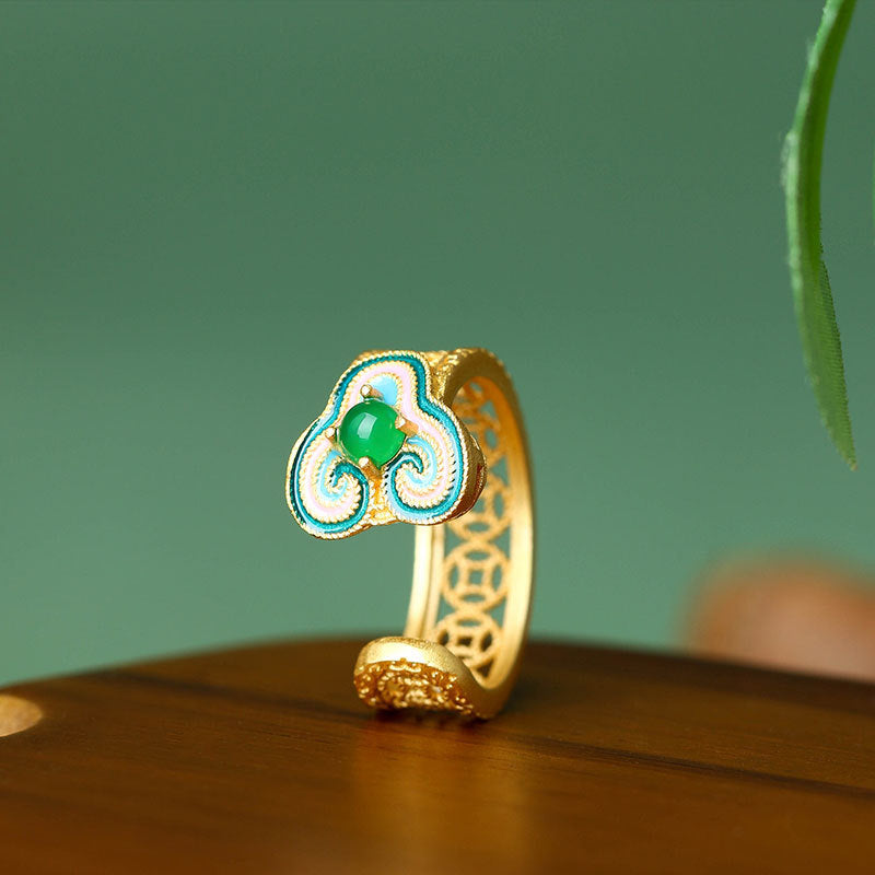 Retro Gold Plated Enamel Hollow Xiangyun Imitation Hetian Jade Ring for Cheongsam Hanfu