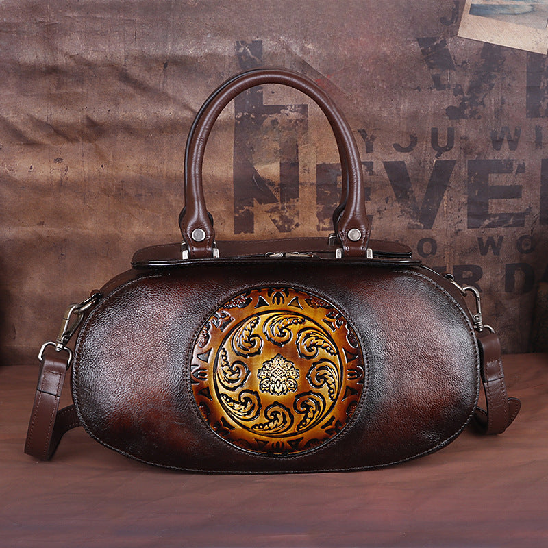 Vintage Genuine Leather Women's Crossbody Bag with Embossed Tree Design and Hand - Brushed Finish