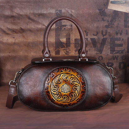 Vintage Genuine Leather Women's Crossbody Bag with Embossed Tree Design and Hand - Brushed Finish