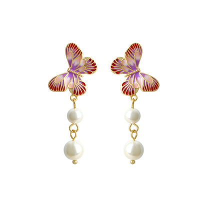 Enamel oil drop pink butterfly shape pearl earrings ring necklace suit for women