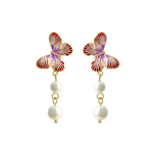Elliform 925 Silver Needle Pearl Enamel Oil Drops Earrings, Butterfly Design