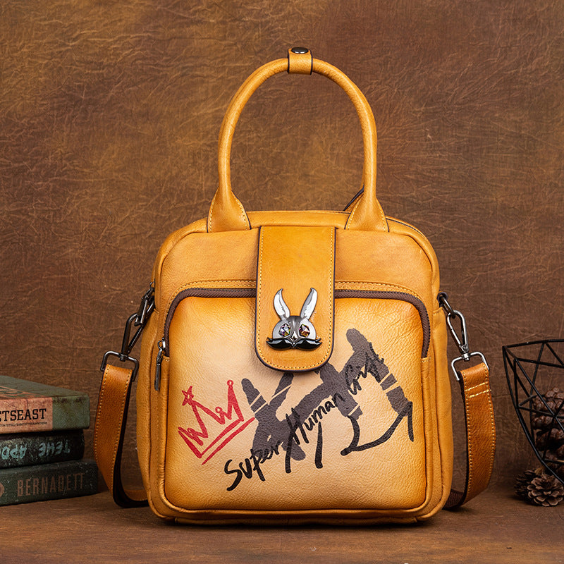 Top layer cowhide multi-purpose vegetable tanned leather women's bag, retro brushed style