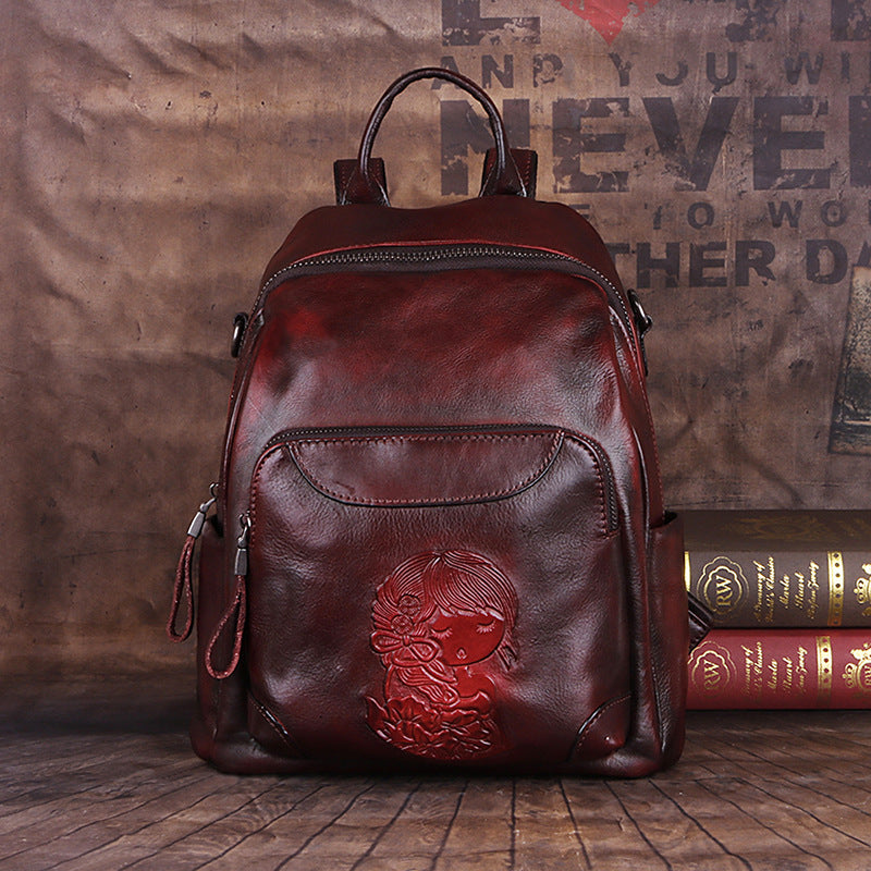 First Layer Cowhide Vegetable Tanned Leather Handmade Large-Capacity Backpack Shoulder Bag