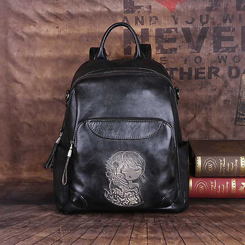 First Layer Cowhide Vegetable Tanned Leather Handmade Large-Capacity Backpack Shoulder Bag