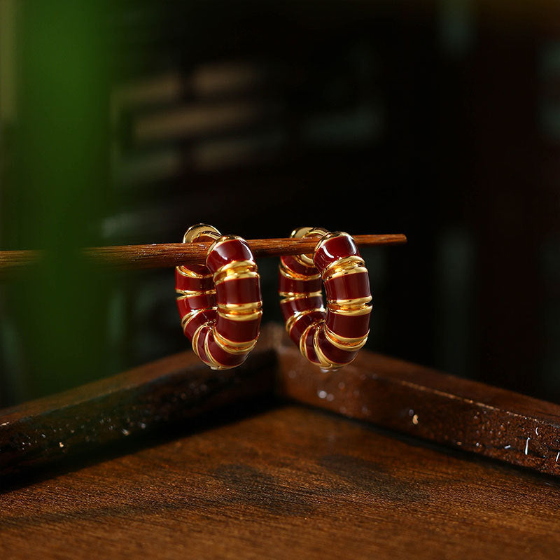 Ancora Red Drop Oil Earrings, French Retro, Copper Plated Real Gold, All-Match