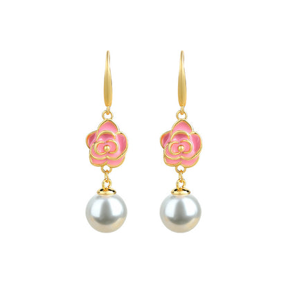 Enamel Glaze Camellia Crystal Pearl Women's Retro Earrings