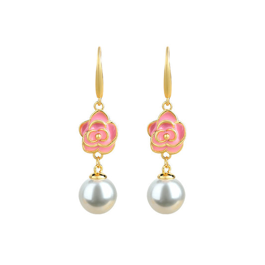 Enamel Glaze Camellia Crystal Pearl Women's Retro Earrings