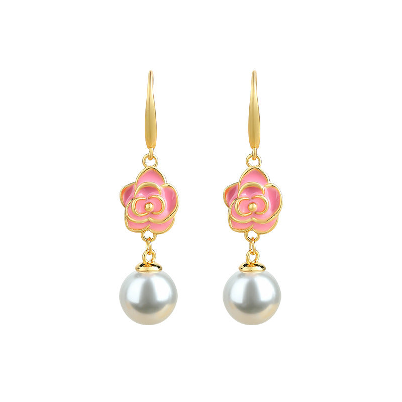 Enamel Glaze Camellia Crystal Pearl Women's Retro Earrings