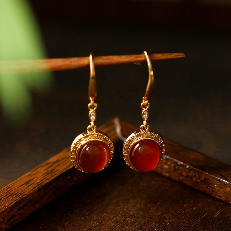 Real Gold Plating Natural Chalcedony Inlaid Niche Design Antique Earrings