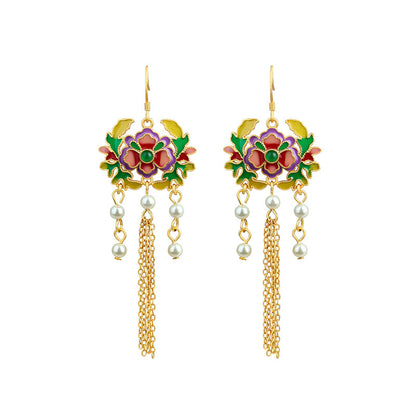 925 Silver Hand-made Enamel Blossom Tassel Pearl Earrings for Women
