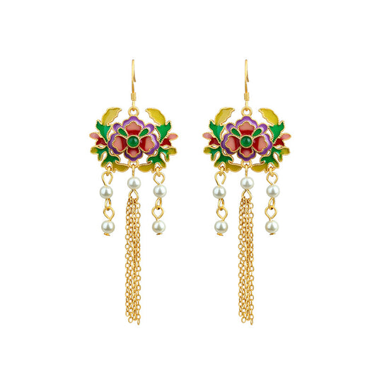 925 Silver Hand-made Enamel Blossom Tassel Pearl Earrings for Women