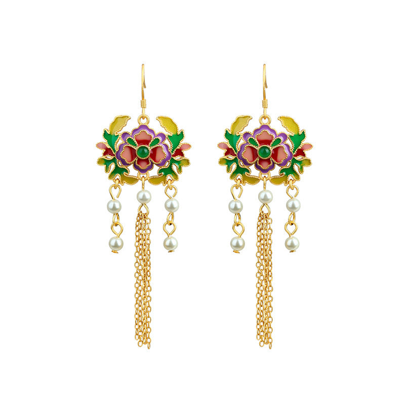 925 Silver Hand-made Enamel Blossom Tassel Pearl Earrings for Women