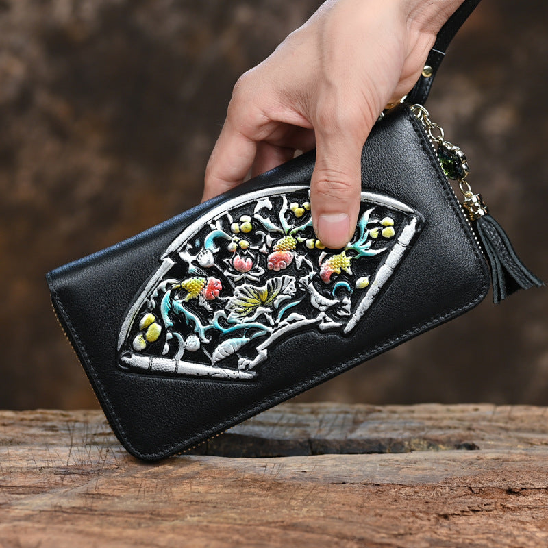 Vintage Cowhide Long Women's Clutch Bag, Multi Card Embossed Leather Zipper Bag